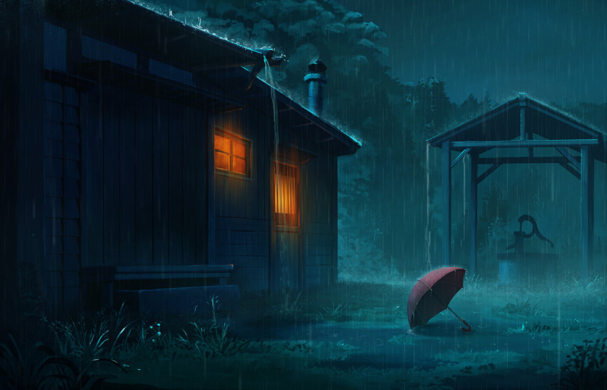 building bush chimney cloud grass highres night original outdoors pump rain rajawat sky tree umbrella well