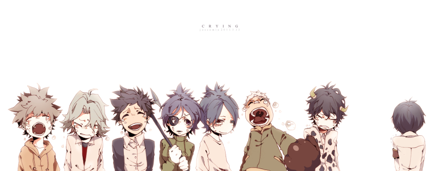1girl 6+boys animal_print armband bad_id bad_pixiv_id black_hair blue_hair boy_cow brown_hair chrome_dokuro cow_print everyone eyepatch gokudera_hayato grey_hair heterochromia hibari_kyouya highres horns katekyo_hitman_reborn! lambo long_image multiple_boys polearm purple_hair rokudou_mukuro sasagawa_ryohei sawada_tsunayoshi school_uniform short_hair simple_background skull spear tears text_focus trident wavesheep weapon white_hair wide_image yamamoto_takeshi