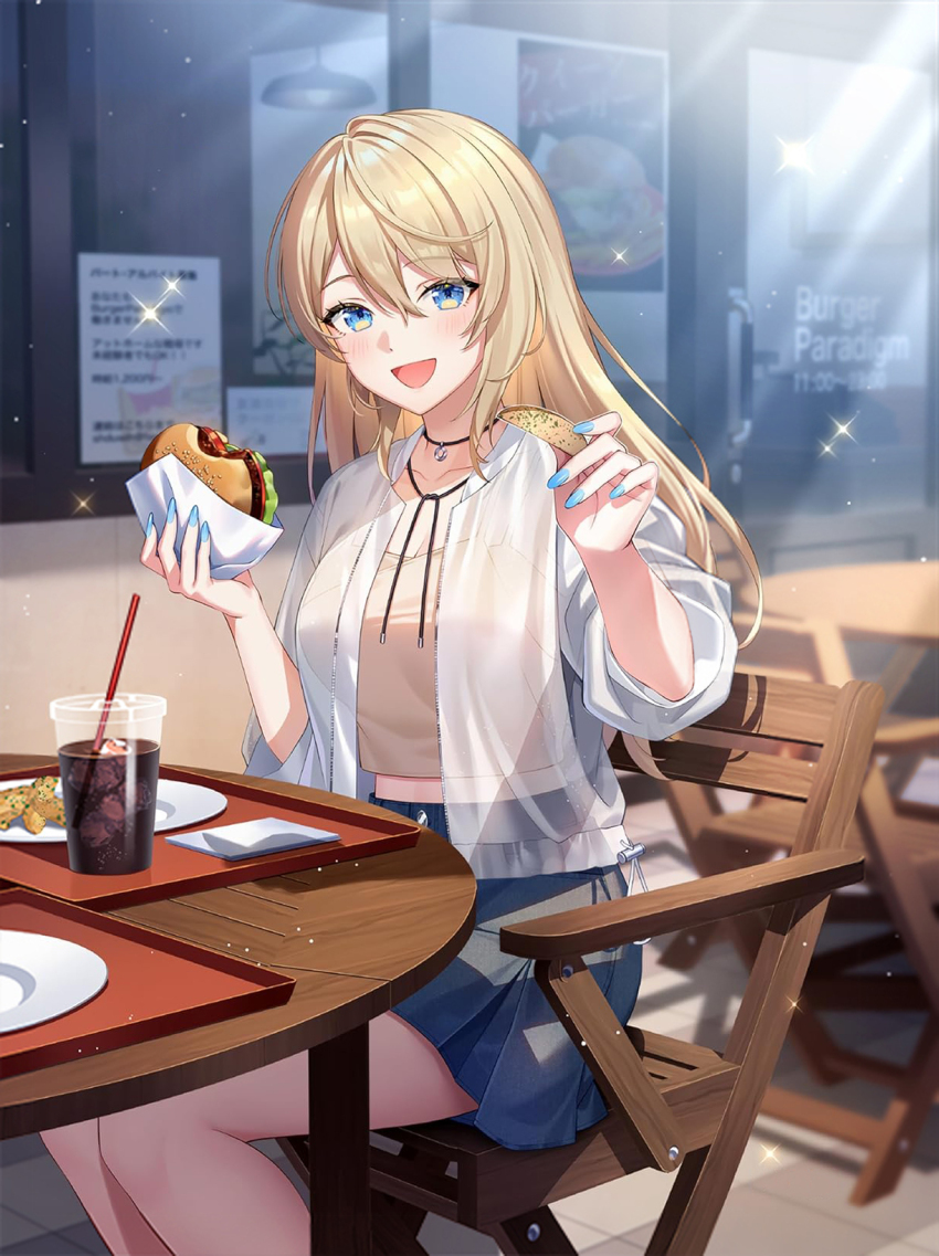 1girl :d bare_legs blonde_hair blue_eyes blue_nails bshi_edayo burger camisole class_de_ichiban_kawaii_gyaru cover cover_page cowlick cropped_shirt cup food gyaru hair_between_eyes high-waist_skirt highres holding holding_food jacket jewelry kouzuki_sakura long_hair midriff necklace novel_cover official_art open_clothes open_jacket open_mouth outstretched_hand plate pov restaurant see-through_clothes see-through_jacket sitting skirt smile solo table tray wooden_chair wooden_table