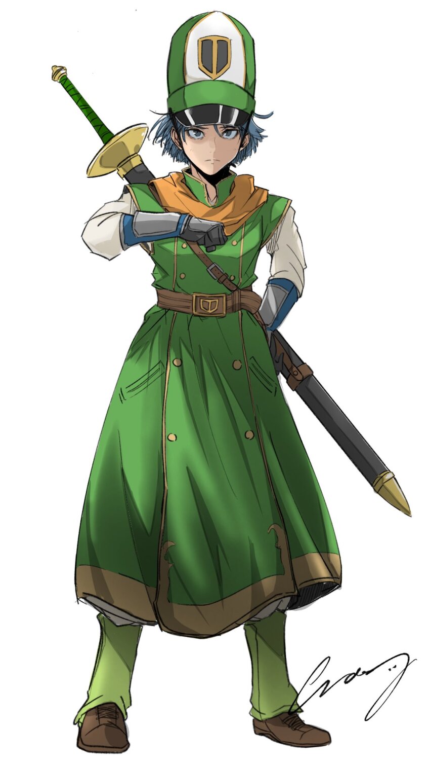 1boy belt blue_hair brown_belt brown_shoes buttons clift coat commentary_request crazy02oekaki double-breasted dragon_quest dragon_quest_iv full_body gloves green_coat green_leg_warmers grey_eyes grey_gloves hand_on_own_hip hat highres leg_warmers looking_at_viewer male_focus mitre orange_scarf overcoat scarf sheath sheathed shirt shoes short_hair signature sleeveless sleeveless_coat solo sword sword_on_back weapon weapon_on_back white_background white_shirt