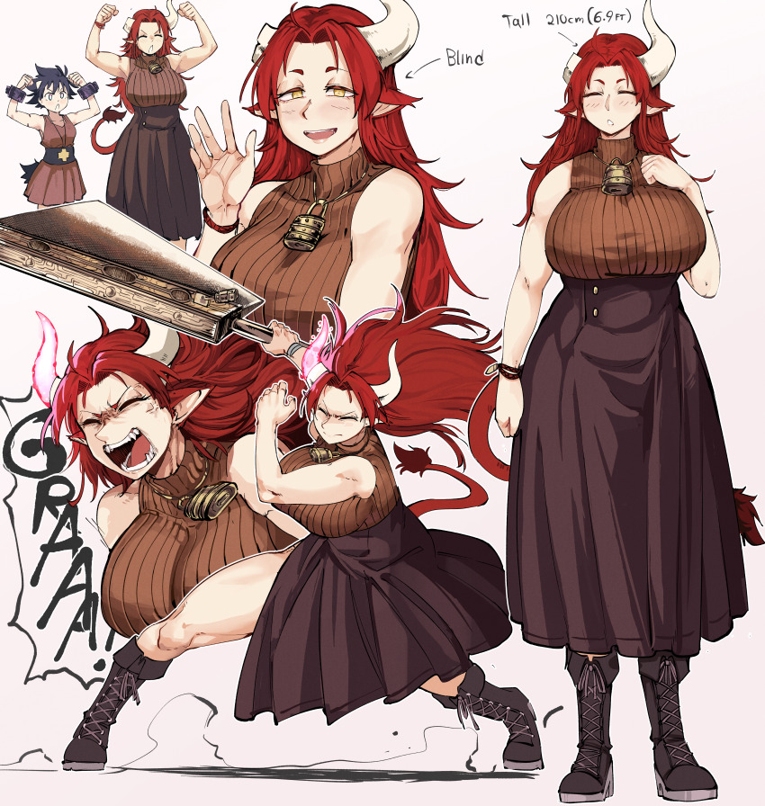 2girls absurdres anger_vein angry animal_ears antares_topaz axe bad_link bell black_footwear blind boots bracelet breasts broken_horn brown_footwear brown_skirt cow_ears cow_girl cow_tail cowbell cygni_boreas_lluminal dust energy_horns english_text fangs fighting_stance flexing ganymede_(antares_topaz) glowing_horns height high-waist_skirt high_collar highres holding holding_axe holding_weapon horns huge_breasts huge_weapon jewelry keyhole lace-up_boots lock_necklace long_skirt looking_at_viewer minotaur multiple_girls multiple_views open_mouth pointy_ears red_hair ribbed_vest scar scar_on_arm screaming shadow shouting skirt solo_focus speech_bubble star_linker tail teeth waving weapon white_background yellow_eyes