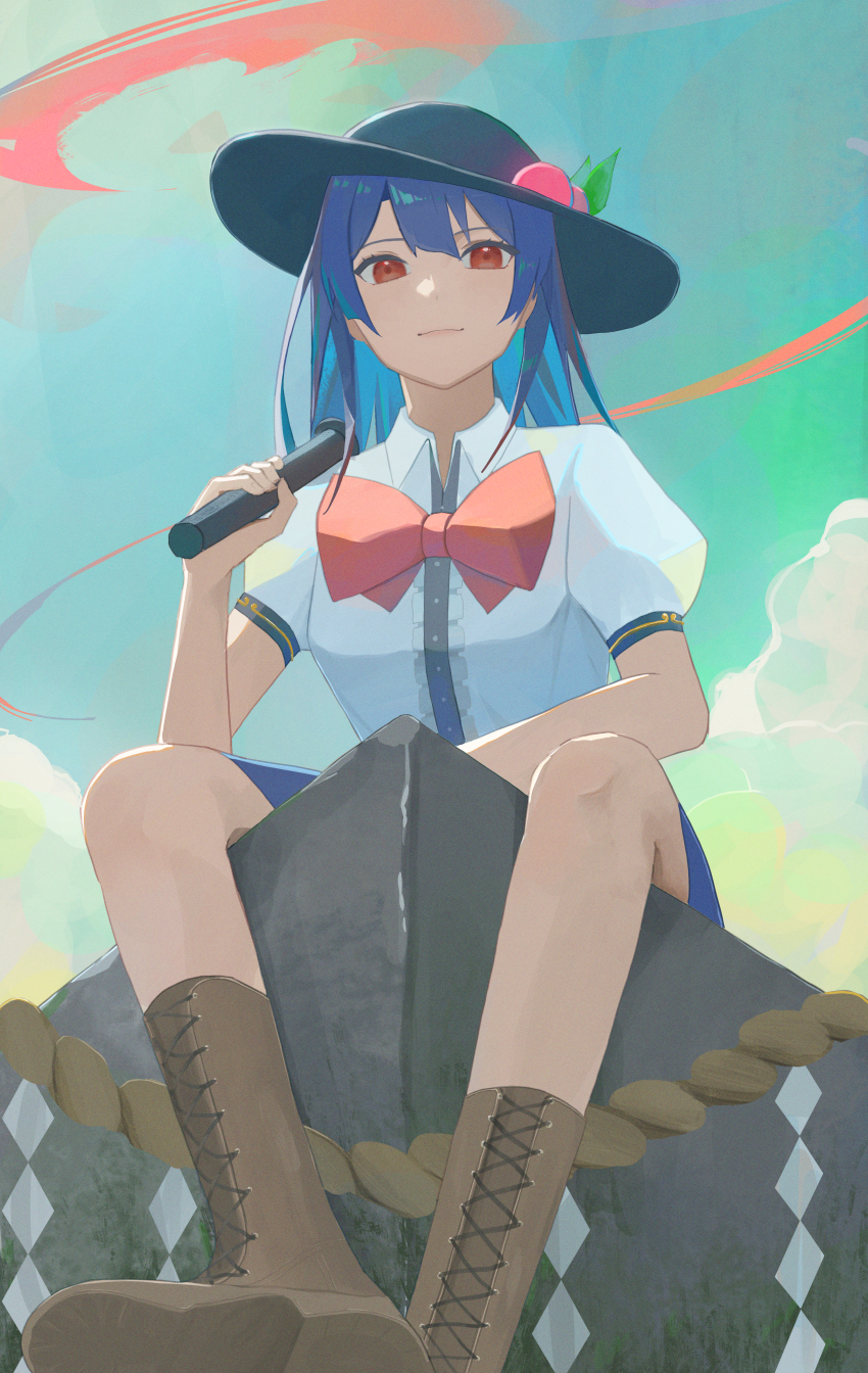 1girl absurdres black_headband blue_hair blue_skirt boots brown_boots center_frills closed_mouth collared_shirt frills fruit_hat_ornament hat hat_ornament headband highres hinanawi_tenshi holding holding_weapon long_hair looking_at_viewer palulap peach_hat_ornament puffy_short_sleeves puffy_sleeves red_eyes shirt short_sleeves sitting skirt smile solo sword_of_hisou touhou weapon white_shirt