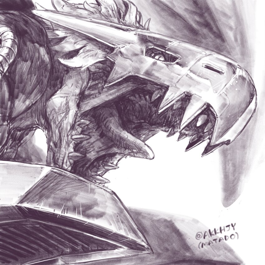 close-up cyborg digimon digimon_(creature) dragon gigadramon greyscale helmet highres matado_(almukha) mechanical_arms megadramon monochrome no_humans open_mouth slit_pupils solo tongue tongue_out twitter_username