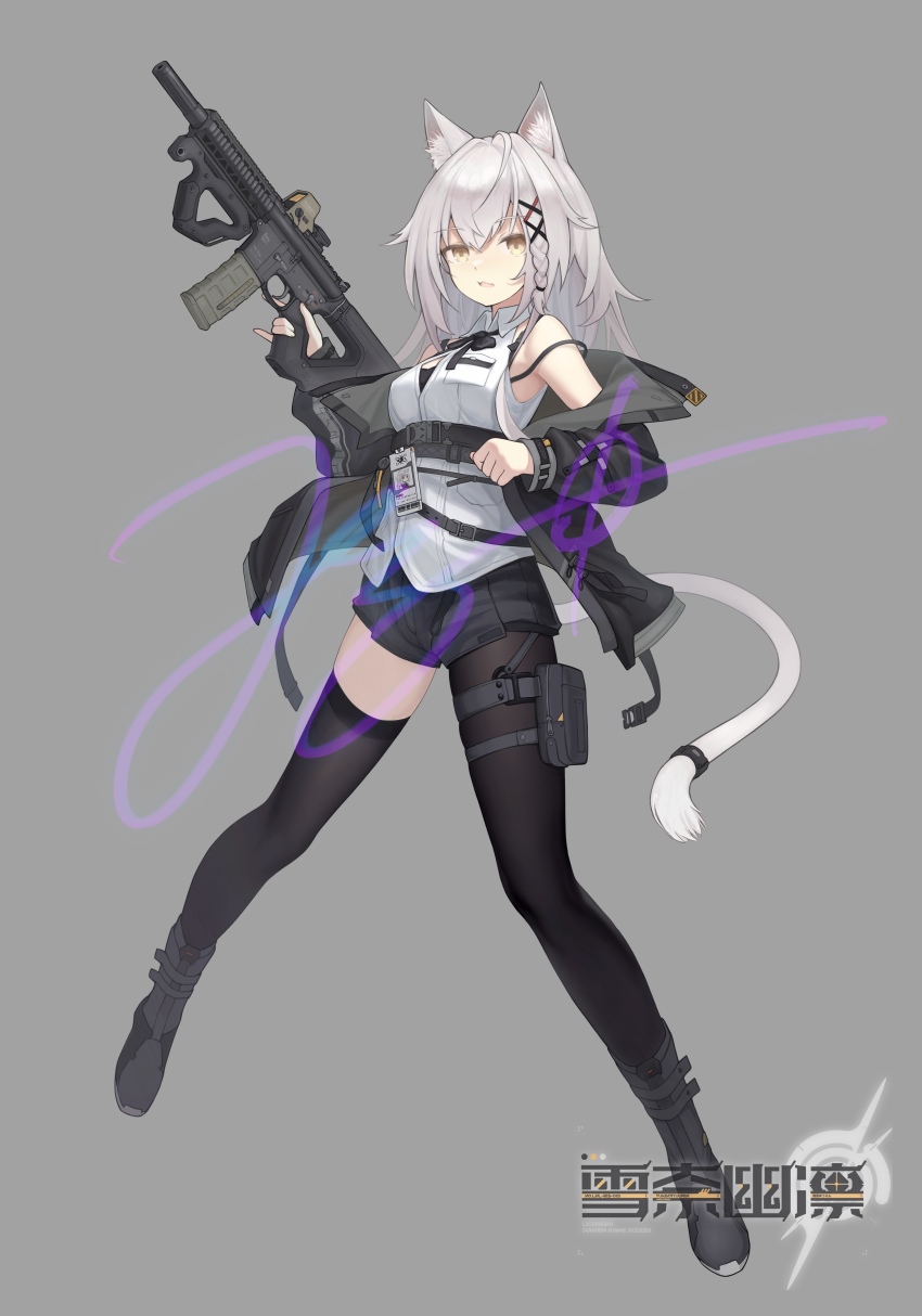 1girl absurdres ahoge aiming_up animal_ear_fluff animal_ears ar-15 asymmetrical_legwear black_boots black_bra black_jacket black_pantyhose black_ribbon black_shorts black_thighhighs boots bra braid brown_eyes buckle cat_ears cat_girl cat_tail chest_strap chinese_commentary collar crossed_bangs dated_commentary foregrip full_body grey_background grey_hair grey_tail gun hair_ornament hair_tie highres holding holding_gun holding_weapon id_card jacket jerry_wang legs_apart logo long_sleeves magazine_(weapon) medium_hair mismatched_legwear neck_ribbon off_shoulder optical_sight original pantyhose partially_unbuttoned pouch ribbon rifle shirt short_shorts short_sleeves shorts signature simple_background single_braid snap-fit_buckle solo standing suppressor tail tail_strap thigh_pouch thighhighs trigger_discipline underwear watermark weapon white_collar white_shirt x_hair_ornament zettai_ryouiki