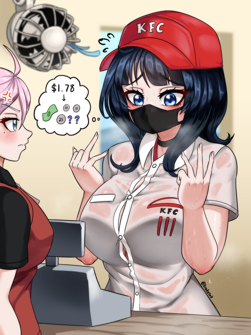 2girls absurdres ahoge anger_vein asaka_karin asaka_karin_works_at_kfc_(meme) black_mask black_shirt blue_eyes blue_hair breasts cash_register closed_mouth collared_shirt commentary electric_fan flying_sweatdrops frown furrowed_brow hat highres indoors kfc krakelak large_breasts love_live! love_live!_nijigasaki_high_school_idol_club mask medium_hair meme mole mole_under_eye mouth_mask multiple_girls nijigasaki_school_uniform pink_hair red_hat school_uniform see-through_clothes see-through_shirt shirt short_sleeves solo_focus standing summer_uniform symbol-only_commentary thinking twitter_username upper_body white_shirt zhong_lanzhu