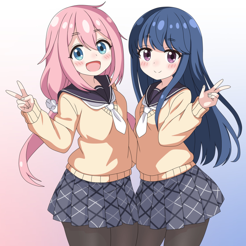 2girls bad_tag black_pantyhose black_sailor_collar blue_eyes blue_hair blush closed_mouth commentary_request cowboy_shot dot_nose double-parted_bangs gradient_background grey_skirt hand_up highres kagamihara_nadeshiko long_hair long_sleeves looking_at_viewer miniskirt motosu_school_uniform multiple_girls neckerchief open_mouth pantyhose pink_hair pleated_skirt purple_eyes sailor_collar sakuzo school_uniform shima_rin skirt smile split_mouth sweater v w white_neckerchief wispy_bangs yellow_sweater yurucamp