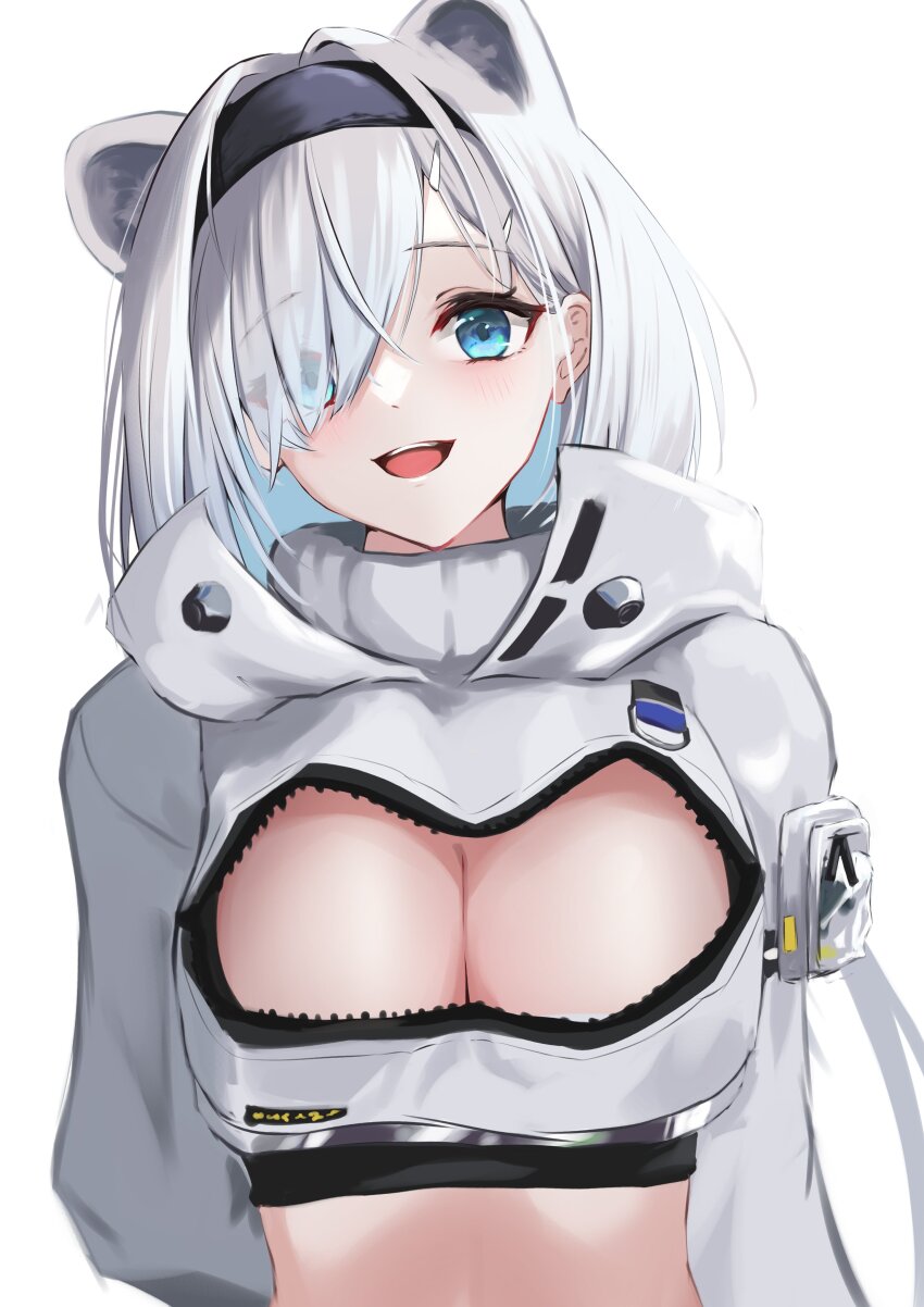 1girl absurdres animal_ears arknights aurora_(arknights) bear_ears bear_girl black_hairband blue_eyes blush breasts cleavage_cutout clothing_cutout commentary_request cropped_hoodie grey_hoodie hairband highres hood hoodie large_breasts long_hair looking_at_viewer midriff nekomatamago open_mouth smile solo upper_body white_hair