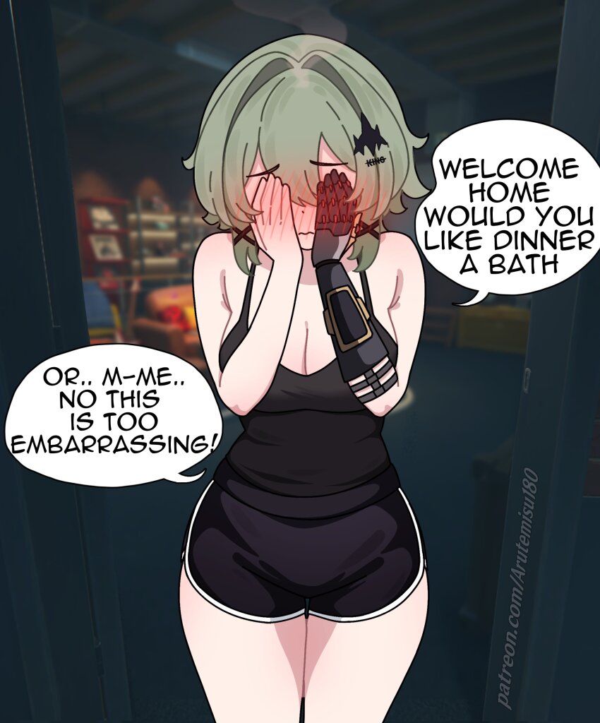 1girl absurdres alternate_costume arutemisu180 bare_shoulders black_shirt black_shorts blush breasts caesar_king_(zenless_zone_zero) cleavage closed_mouth commentary covering_face cowboy_shot dolphin_shorts doorway english_commentary english_text full-face_blush game_screenshot_background green_hair hair_between_eyes hair_intakes hair_ornament hairpin highres large_breasts legs_together screenshot_background shirt short_hair shorts solo speech_bubble standing steam tank_top zenless_zone_zero