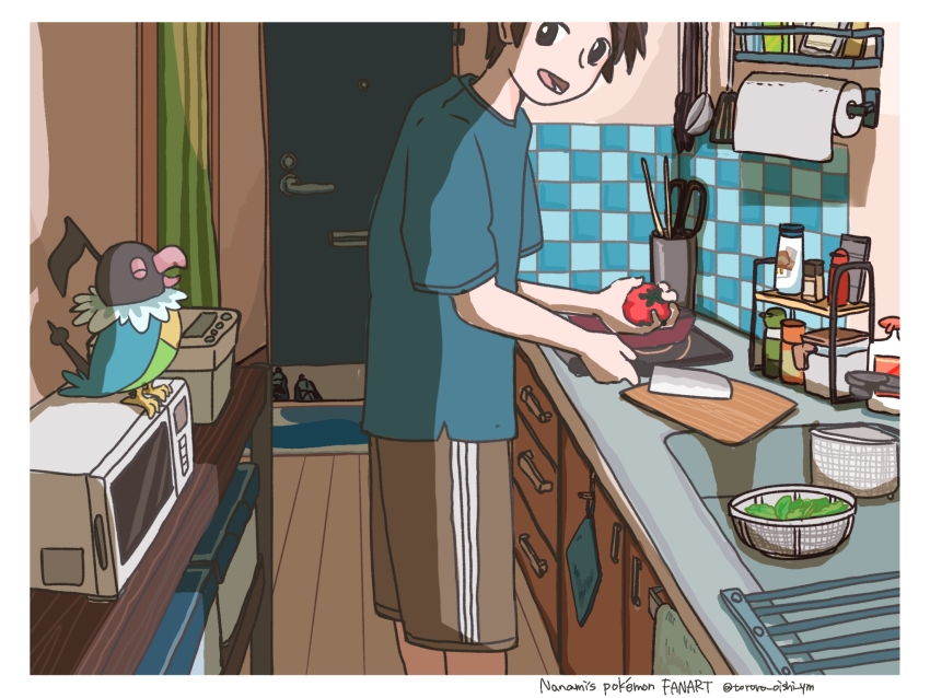 1boy bird black_eyes blue_shirt border brown_hair brown_shorts chatot cutting_board door food fruit gen_4_pokemon highres holding holding_food holding_fruit holding_knife indoors kitchen_knife knife ladle lower_teeth_only microwave nintendo open_mouth paper_towel pokemon pokemon_(creature) shirt short_hair short_sleeves shorts sink spatula standing strainer t-shirt teeth tomato tongs tororo_oishi_ym twitter_username white_border wooden_floor