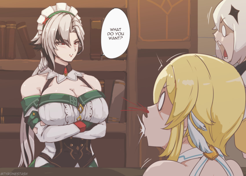 3girls alternate_costume arlecchino_(genshin_impact) black_eyes blonde_hair blurry bookshelf breasts cleavage commentary cosplay crossed_arms depth_of_field detached_sleeves english_commentary english_text genshin_impact indoors katheryne_(genshin_impact) katheryne_(genshin_impact)_(cosplay) large_breasts long_hair long_sleeves looking_at_another low_ponytail lumine_(genshin_impact) multicolored_hair multiple_girls paimon_(genshin_impact) ponytail short_hair_with_long_locks sidelocks speech_bubble surprised two-tone_hair tyrone white_hair