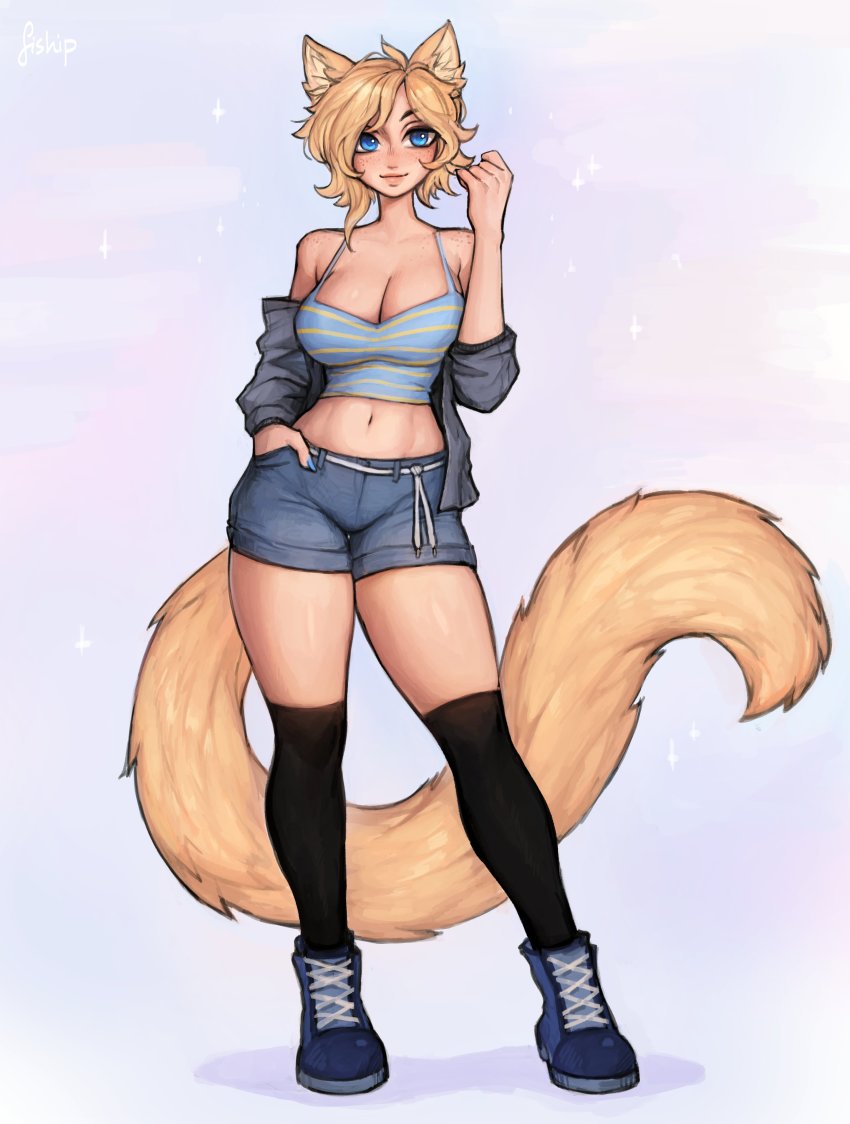1girl absurdres animal_ears black_socks blonde_hair blue_eyes blue_nails blue_shoes breasts camisole cleavage closed_mouth commission contrapposto denim denim_shorts fingernails full_body grey_background grey_jacket hand_in_pocket hand_up highres jacket jacket_partially_removed kneehighs large_breasts looking_at_viewer matilda_fiship nail_polish navel original shoes short_shorts shorts signature smile socks solo tail thigh_gap