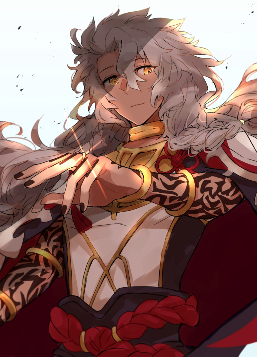 1boy arm_tattoo black_nails bracelet braid closed_mouth dark-skinned_male dark_skin fate/grand_order fate_(series) floating_hair flower_knot glint hair_between_eyes hand_tattoo highres jewelry kak_hac long_hair looking_at_viewer male_focus nail_polish neck_ring ring side_braid simple_background single_braid smile solo solomon_(fate) tassel tattoo upper_body very_long_hair white_background white_hair yellow_eyes