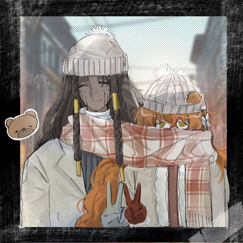 2girls beanie bow brown_hair closed_eyes covered_mouth crossed_bangs dark-skinned_female dark_skin dreadlocks facial_tattoo gloves green_eyes hair_bow hat highres humian0101 ishmael_(project_moon) knit_hat lapels limbus_company long_hair metal_hair_tubes multiple_girls orange_hair outdoors project_moon queequeg_(project_moon) red_gloves scarf shared_clothes shared_scarf smile tattoo thick_eyebrows turtleneck upper_body v very_long_hair white_gloves white_hat winter_clothes