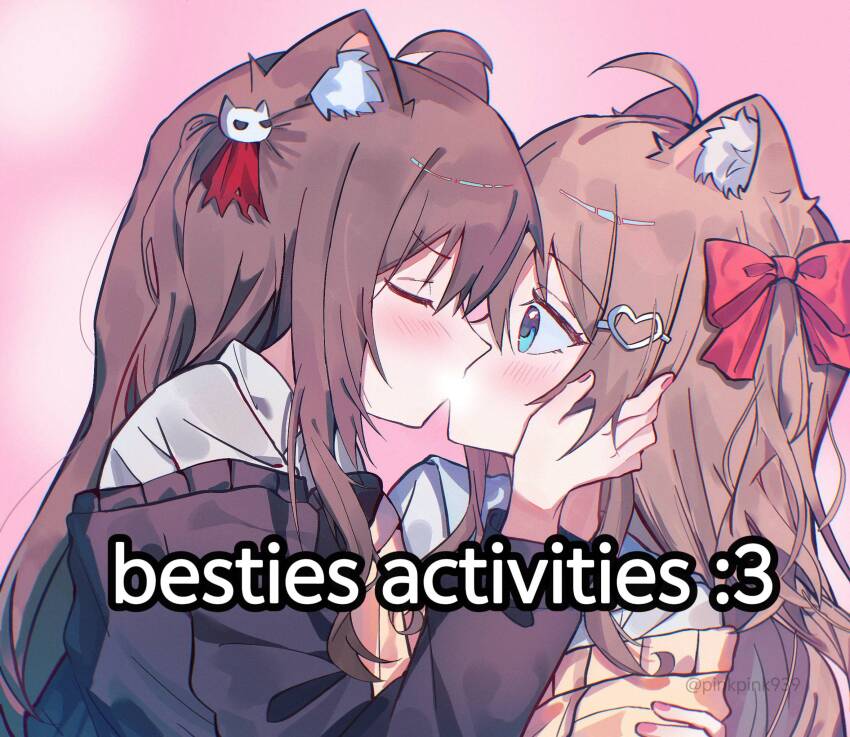 2girls ahoge animal_ears blue_eyes blush brown_hair censored censored_kiss closed_eyes commission evil_neuro-sama hair_ornament hair_ribbon heart heart_hair_ornament highres incest kiss long_hair looking_at_another multiple_girls neuro-sama pinkpink939 red_ribbon ribbon second-party_source siblings sisters skull_hair_ornament twincest twins vedal_ai virtual_youtuber yuri
