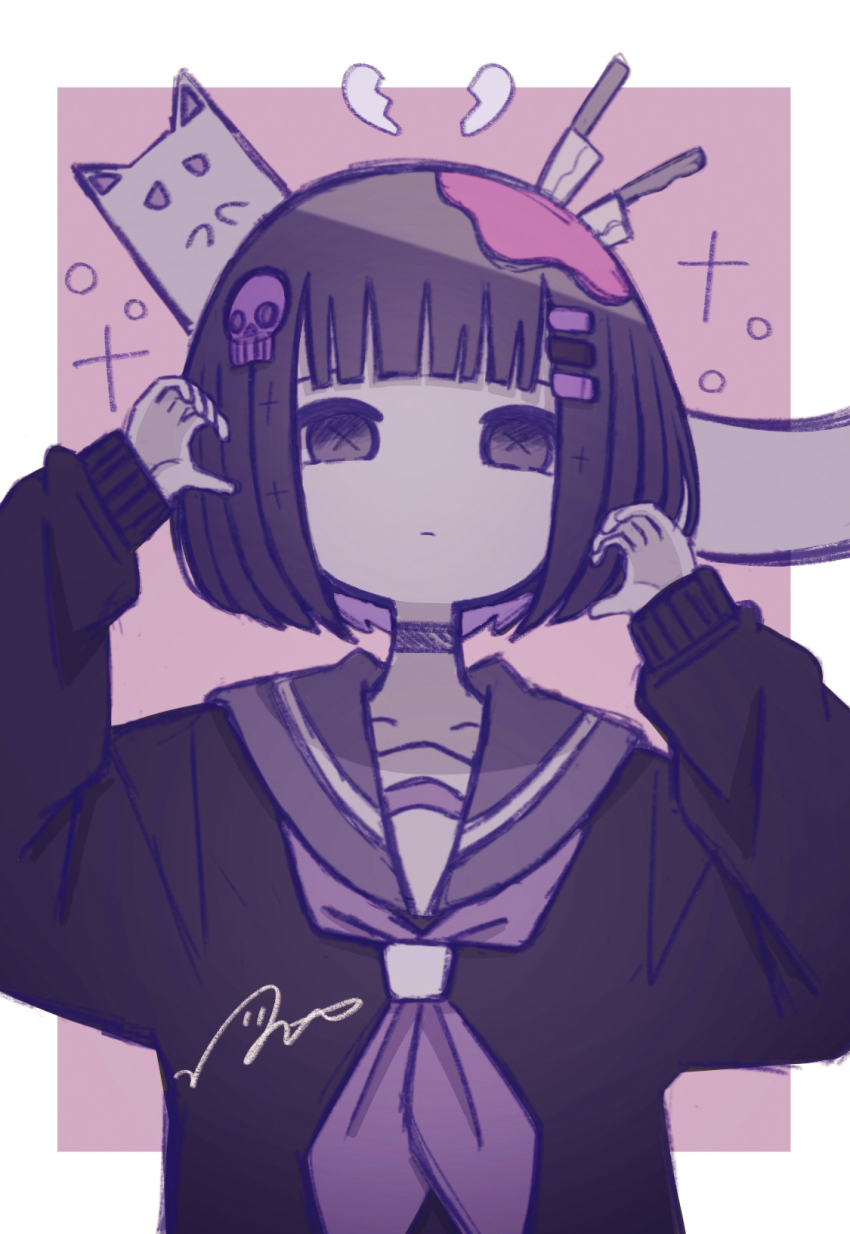 1girl black_hair black_sweater bob_cut border broken_heart closed_mouth commentary ghost grey_sailor_collar hair_ornament hands_up heart highres knife_in_head long_sleeves neckerchief object_through_head omochi_noa original outside_border purple_neckerchief sailor_collar school_uniform serafuku signature skull_hair_ornament solo sweater symbol-only_commentary upper_body white_border