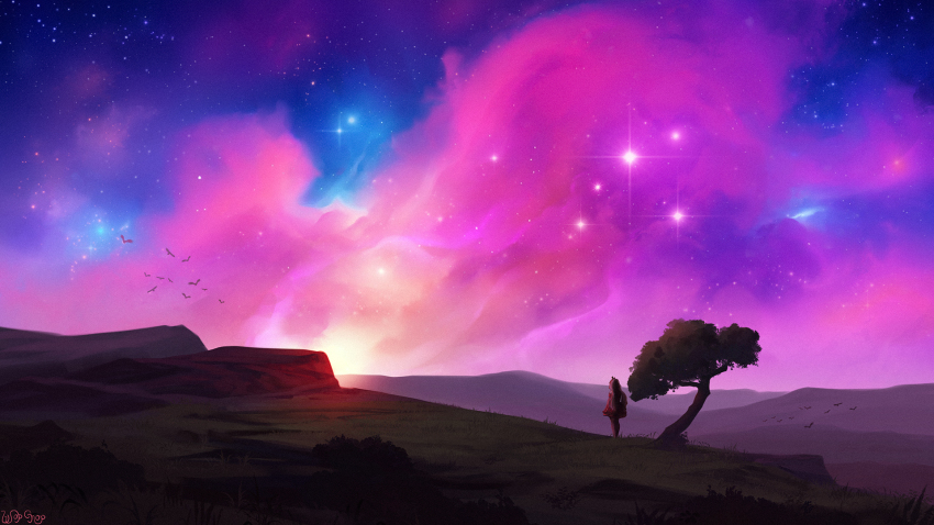 1girl cliff flock from_behind grass highres landscape nebula original painterly pink_theme rock scenery sky space star_(sky) starry_sky sunset surreal tree wopgnop