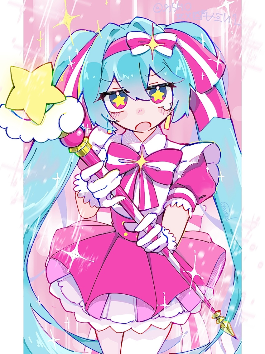 1girl bethifi blue_eyes blue_hair bow bow_hairband bowtie collared_dress commentary_request crying crying_with_eyes_open dress earrings gloves hair_ribbon hairband hatsune_miku highres holding holding_wand ima_sugu_rinne_(vocaloid) jewelry jitome long_hair looking_at_viewer magical_girl multicolored_eyes pink_eyes puffy_short_sleeves puffy_sleeves ribbon short_sleeves solo sparkle star-shaped_pupils star_(symbol) symbol-shaped_pupils tears twintails very_long_hair vocaloid wand