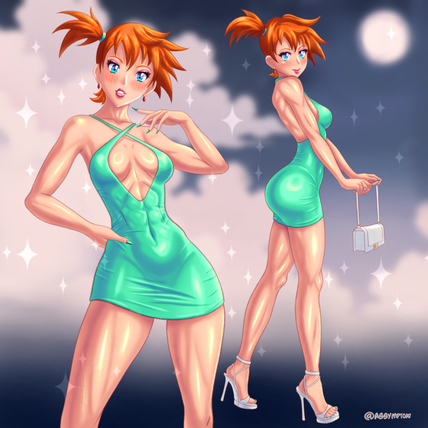 abs ass assymptoad bag blue_eyes blush breasts cleavage dress earrings hand_on_own_hip handbag high_heels highres jewelry lipstick long_legs makeup medium_breasts minidress misty_(pokemon) multiple_views nail_polish nintendo orange_hair pokemon pokemon_(anime) profile short_hair side_ponytail smile toenail_polish toenails tomboy toned toned_female wide_hips