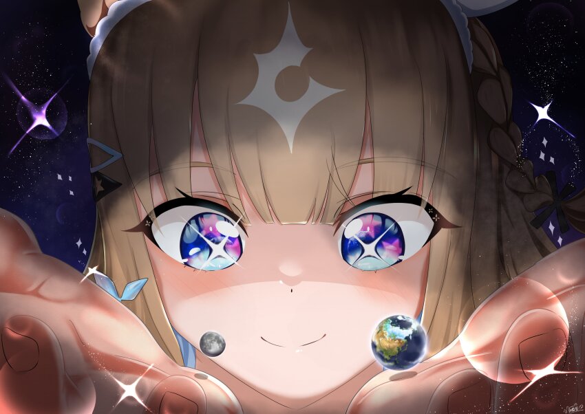 1girl absurdres almond_eye_(umamusume) animal_ears blonde_hair blue_eyes blunt_bangs blush braid commentary_request dot_nose earth_(planet) facing_viewer giant giantess hair_ornament hairpin highres horse_ears horse_girl looking_down moon multicolored_eyes planet purple_eyes raised_eyebrows sf_clockman short_braid side_braid smile solo sparkle_background sparkling_eyes star_(sky) star_(symbol) star_in_eye starry_sky_background symbol_in_eye umamusume