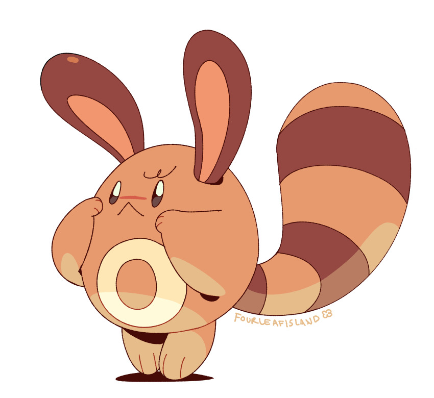 :&lt; absurdres animal_focus artist_name brown_eyes clip_studio_paint_(medium) closed_mouth commentary english_commentary fourleafisland full_body gen_2_pokemon highres nintendo no_humans pokemon pokemon_(creature) sentret simple_background solo standing white_background