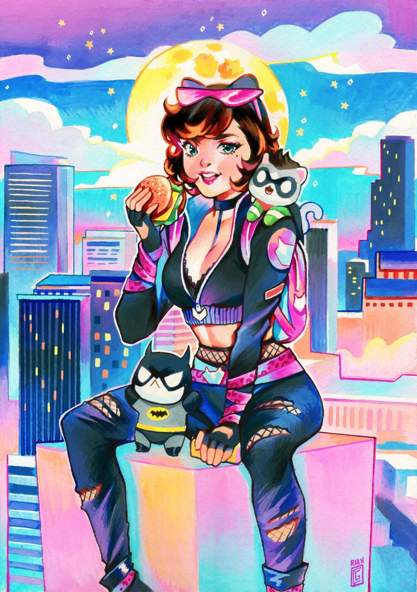 animalization animification batman batman_(series) batman_ninja black_choker black_pants breasts brown_hair burger cat catwoman choker cleavage cloud collarbone commentary dc_comics english_commentary eyewear_on_head fishnets food green_eyes highres holding holding_food mole mole_under_eye moon painting_(medium) pants rian_gonzales robin_(dc) short_hair sitting sky sunglasses torn_clothes torn_pants traditional_media watercolor_(medium)