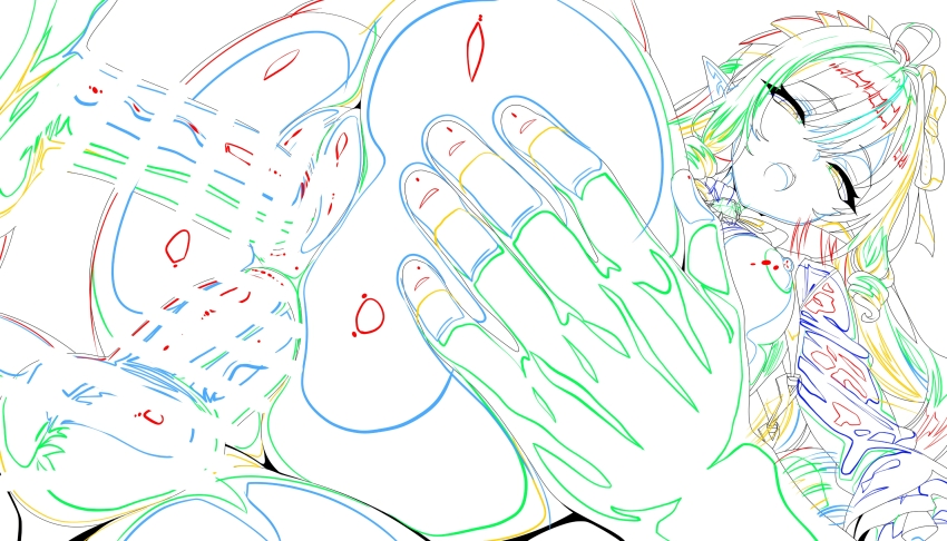 1girl absurdres ahoge anal ass bar_censor bow bowtie breasts censored color_trace commentary double_penetration english_commentary group_sex hair_ornament highres indoors legs_up lineart long_hair mixed-language_commentary mmf_threesome nipples open_mouth paid_reward_available penis pointy_ears pussy sex shirt simple_background solo_focus takashia_(akimototakashia) teeth threesome upper_teeth_only vaginal vivian_banshee zenless_zone_zero