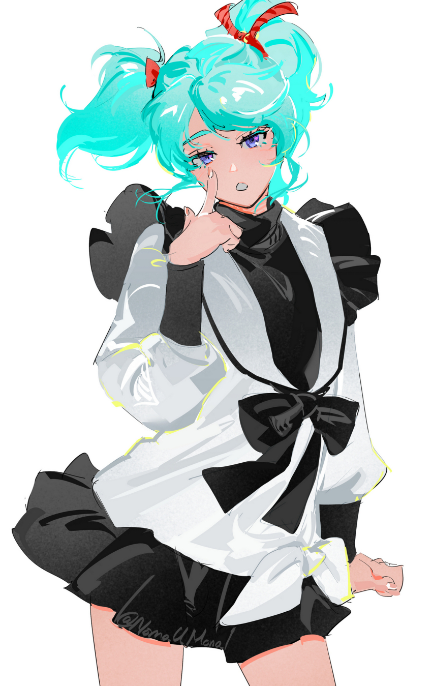 1girl artist_name blue_hair char&#039;s_counterattack commentary cowboy_shot english_commentary finger_to_eye gundam hair_ribbon highres long_sleeves looking_at_viewer nomaumona open_mouth purple_eyes quess_paraya ribbon shirt simple_background skirt solo turtleneck twintails twitter_username uneven_twintails white_background