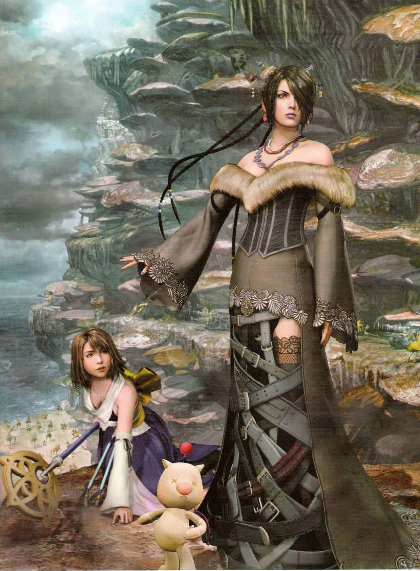 00s 2girls 3d belt eyeshadow final_fantasy final_fantasy_x hakama hakama_skirt highres japanese_clothes lulu_(ff10) makeup moogle multiple_belts multiple_girls official_art scan skirt square_enix staff yuna yuna_(ff10)
