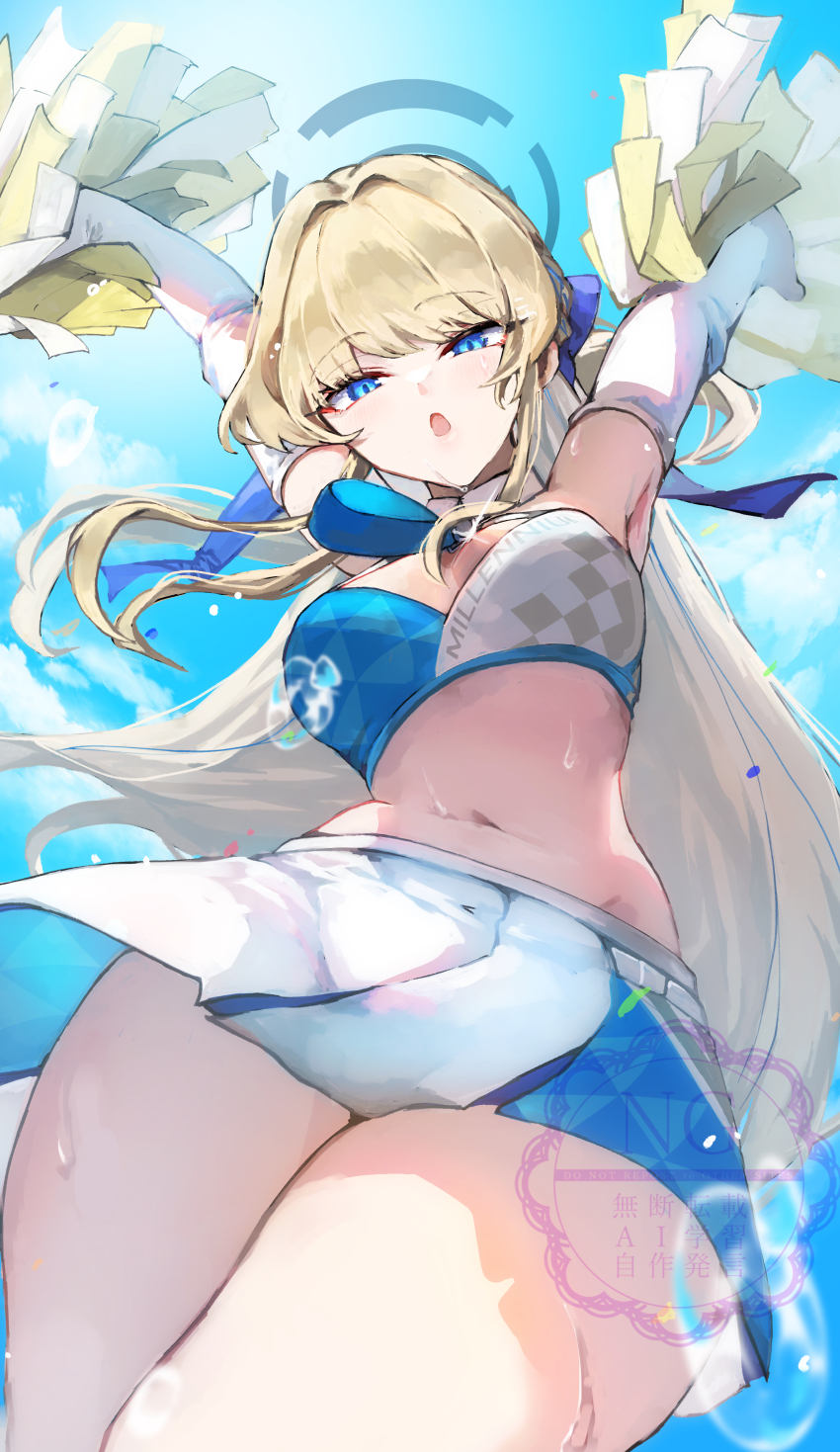 1girl absurdres alternate_costume belly blonde_hair blue_archive blue_eyes bra cheerleader elbow_gloves from_below gloves hair_between_eyes highres koyuuuuuuuuuuu long_hair looking_at_viewer millennium_cheerleader_outfit_(blue_archive) multicolored_bra multicolored_skirt navel open_mouth pom_pom_(cheerleading) sidelocks skirt sweatdrop toki_(blue_archive) underwear white_gloves