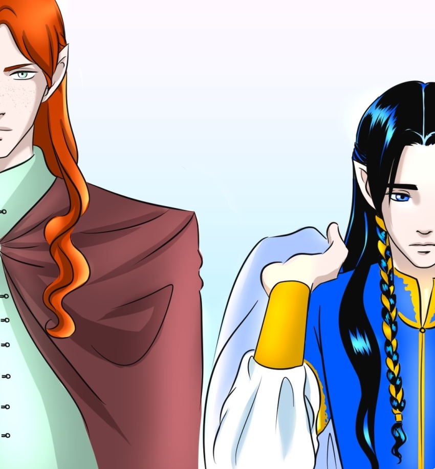 2boys androgynous black_hair blue_eyes braid cape cinemairon closed_mouth cousins elf fingon freckles height_difference holding long_hair looking_at_viewer maedhros male_focus multiple_boys orange_hair pointy_ears simple_background the_silmarillion tolkien&#039;s_legendarium