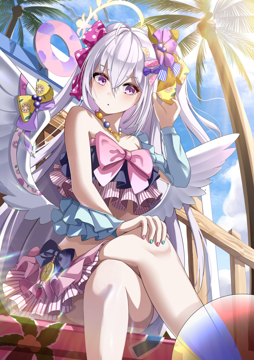 1girl absurdres ahoge artist_name azusa_(blue_archive) azusa_(swimsuit)_(blue_archive) ball beachball bikini blue_archive closed_mouth cowboy_shot flower frilled_bikini frills hair_flower hair_ornament halo highres long_hair looking_at_viewer purple_eyes purple_flower smile swimsuit very_long_hair water winterlime12