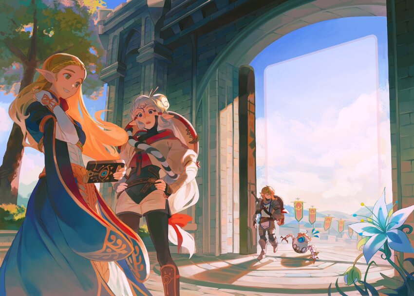 1boy 1other 2girls armor banner battle_standard blonde_hair braid crown_braid dress eye_symbol flag flower gate hair_ornament hair_stick highres hyrule_warriors:_age_of_calamity impa link lisa_(mochii_lisa) long_hair low-tied_long_hair multiple_girls nintendo official_alternate_costume pointy_ears princess_zelda robot sheikah sheikah_slate shield shield_on_back smile soldier&#039;s_set_(zelda) sword terrako the_legend_of_zelda the_legend_of_zelda:_breath_of_the_wild tree war_banner weapon weapon_on_back white_hair