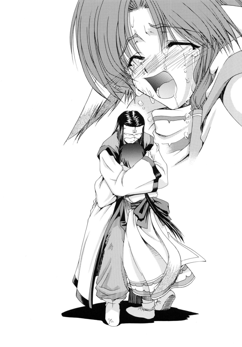 1boy 1girl ainu_clothes animal_ears blush boots closed_eyes comforting crying dog_ears dog_tail eruruu hakuowlo height_difference highres hug legs long_hair mask monochrome open_mouth pants short_hair smile tail tears thighs traditional_media utawarerumono