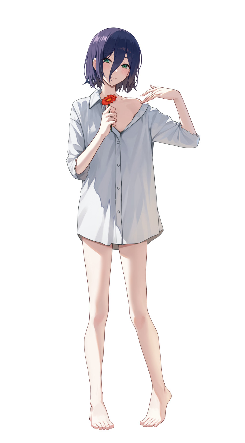 1girl absurdres barefoot blush breasts chainsaw_man flower green_eyes highres holding holding_flower looking_at_viewer naked_shirt purple_hair reze_(chainsaw_man) shirt short_hair simple_background single_off_shoulder smile solo standing suumon white_background white_shirt