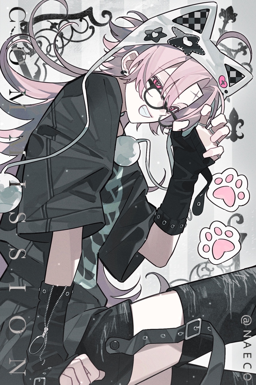 1boy animal_ears animal_hat black_gloves black_shirt cat_hat evodtonaeco fake_animal_ears fingerless_gloves glasses gloves grin hair_between_eyes hand_up hat highres jewelry long_hair looking_at_viewer male_focus original parted_bangs paw_print pink_eyes pink_hair shirt short_sleeves smile solo thighhighs