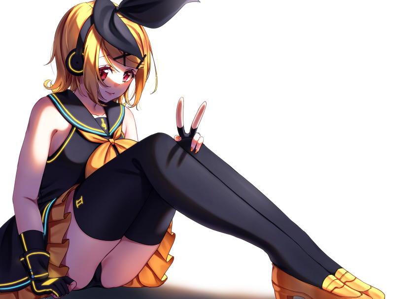 1girl absurdres black_bow black_gloves black_hairband black_panties black_sailor_collar black_shirt black_thighhighs blonde_hair bow bow_hairband closed_mouth collared_shirt fingerless_gloves gloves hair_bow hair_ornament hairband hand_on_own_knee headphones highres inu8neko kagamine_rin miniskirt nail_polish orange_nails orange_neckwear orange_skirt panties pantyshot pleated_skirt red_eyes sailor_collar sailor_shirt shirt shoes short_hair simple_background sitting skirt sleeveless sleeveless_shirt smile solo sour_model_(mikumikudance) swept_bangs thighhighs underwear v vocaloid white_background x_hair_ornament yellow_shoes