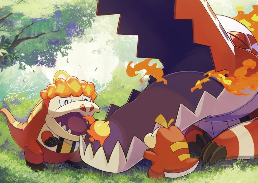 animal_focus artist_name closed_eyes crocalor crocodilian evolutionary_line fangs fire fire_bird_(skeledirge) forest fuecoco highres nature nintendo no_humans on_grass outdoors pokemon pokemon_(creature) sharp_teeth signature skeledirge skin_fangs standing tail tatsumi_(panneko) teeth