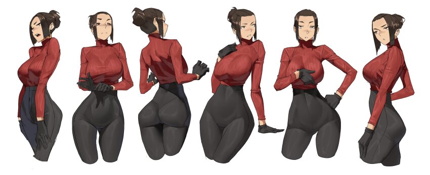 1girl absurdres ass black_gloves black_leggings breasts brown_hair commentary covered_navel cropped_legs english_commentary gloves hair_bun high-waist_leggings highres large_breasts leggings looking_ahead looking_at_viewer looking_to_the_side multiple_views narrow_waist original parted_lips reference_sheet ribbed_sweater simple_background skin_tight solo sweater tbocart thigh_gap trefoil unhappy white_background wide_hips