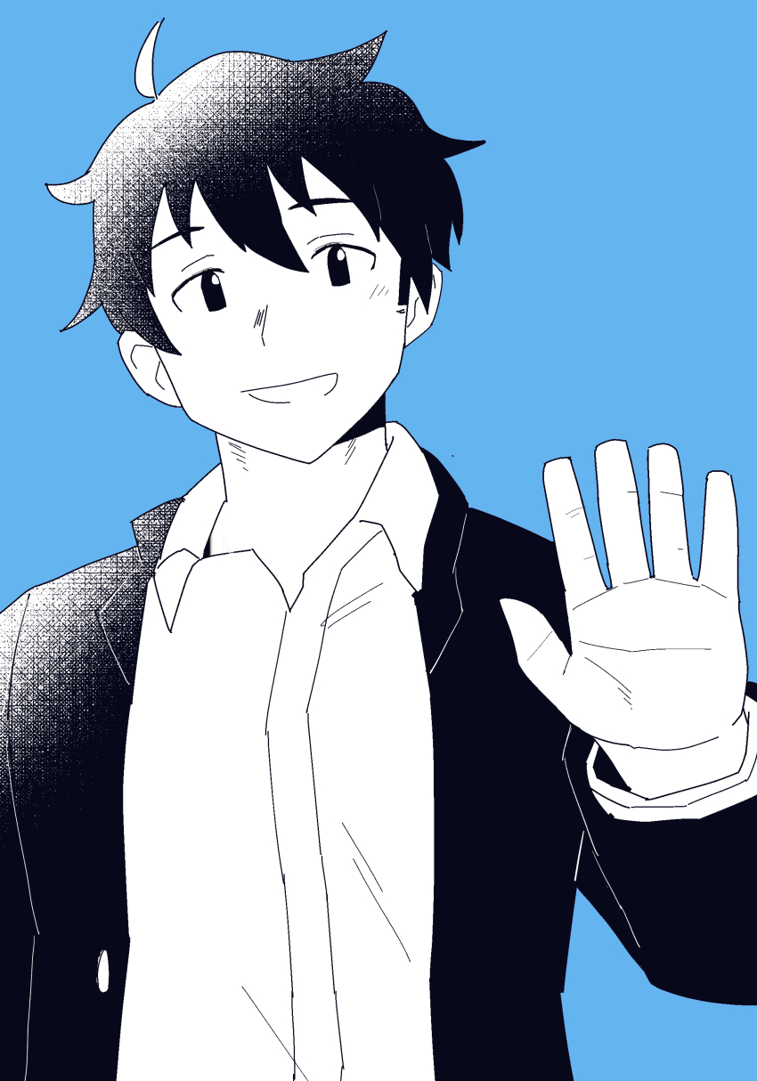 1boy absurdres facial_hair greyscale_with_colored_background halftone highres light_blush looking_at_viewer male_focus protagonist_4_(housamo) short_hair sideburns_stubble smile solo stubble suna_sand1 tokyo_houkago_summoners upper_body waving