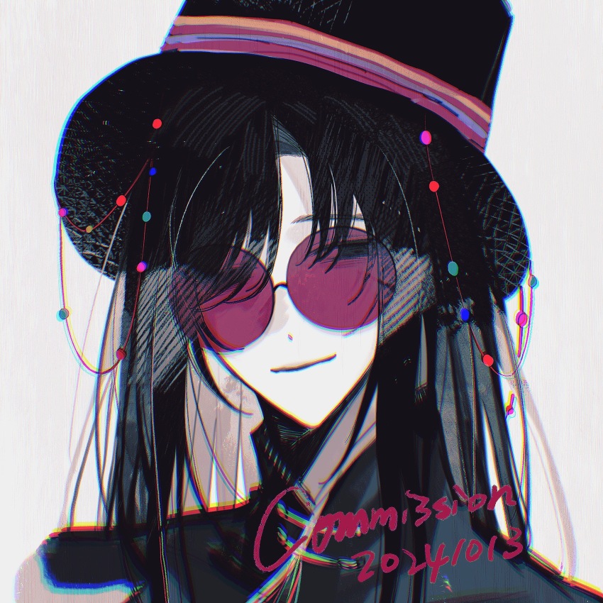 1boy black_eyes black_hair black_hat black_shirt chinese_commentary chromatic_aberration closed_mouth commentary_request commission dated grey_background hat highres huai_yunqing male_focus pale_skin pink-tinted_eyewear portrait round_eyewear shirt smile solo teulaiire tinted_eyewear top_hat touqi_guaitan watermark
