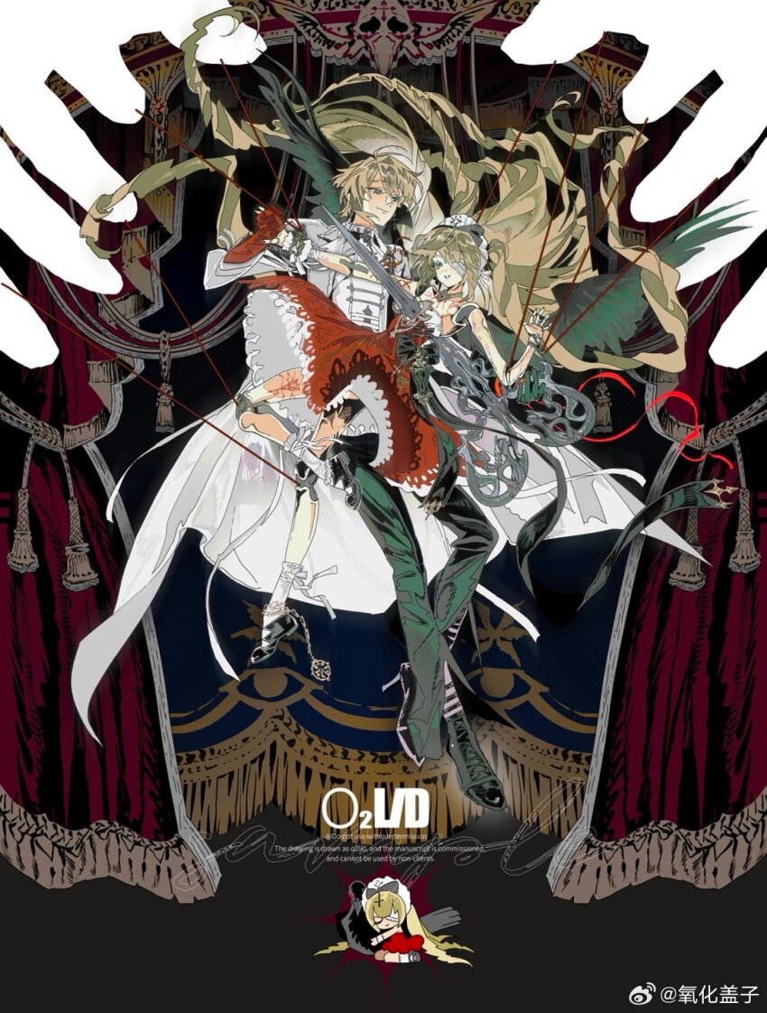 1boy 1girl bdsm black_pants black_wings blonde_hair bondage bound couple curly_hair curtains doll doll_joints dress frilled_socks frills green_eyes hairband highres holding holding_doll joints lace_trim lolita_fashion long_hair marionette original pants puppet red_dress red_ribbon ribbon scissors smile socks stage very_long_hair wings yanghua_gaizi