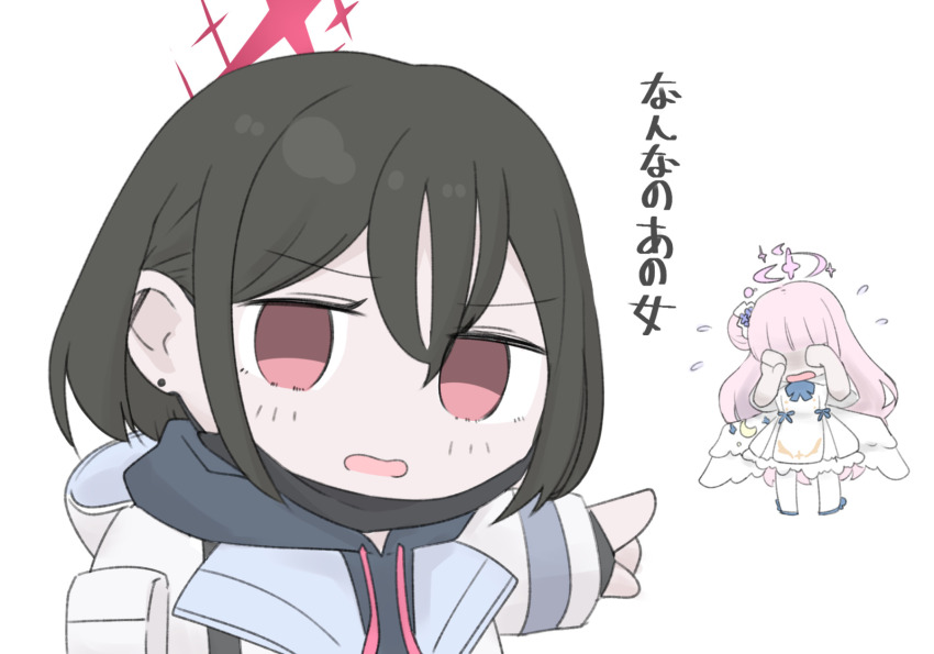 2girls black_gloves black_hair black_hoodie blue_archive blue_bow blue_shoes bow capelet chibi commentary_request crescent drawstring dress earrings fingerless_gloves flower flying_sweatdrops gloves hair_between_eyes hair_bun hair_flower hair_ornament halo highres hood hood_down hoodie jacket jewelry long_hair low_wings mika_(blue_archive) miranofuudoria misaki_(blue_archive) multiple_girls open_clothes open_jacket open_mouth outstretched_arm pantyhose pink_hair pointing purple_flower red_eyes shoes simple_background single_side_bun stud_earrings translation_request very_long_hair white_background white_capelet white_dress white_jacket white_pantyhose white_wings wings