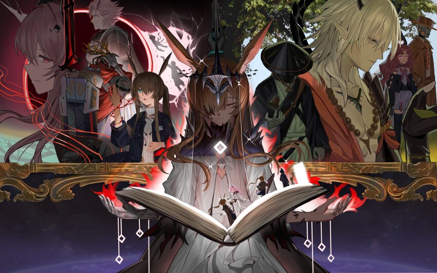 1other 2boys 3girls absurdres amiya_(arknights) amiya_(demon_king)_(arknights) amiya_(young)_(arknights) animal_ears arknights armor bead_necklace beads bell black_hat black_horns black_jacket blue_eyes book brown_hair brown_hat brown_jacket character_request chinese_commentary closed_eyes closed_mouth commentary_request covered_face doctor_(arknights) dress facing_viewer gold grey_hair hair_over_one_eye hat highres holding holding_sword holding_weapon horns jacket jewelry light_smile long_hair long_sleeves looking_ahead looking_at_viewer magic material_growth medium_hair multiple_boys multiple_girls necklace nymph_(arknights) one_eye_covered open_book open_mouth oripathy_lesion_(arknights) pauldrons pink_eyes pink_hair plant pointy_ears profile see-through_clothes short_hair shoulder_armor sideways_glance sparkle sword the_horse. theresa_(arknights) theresis_(arknights) tin_man_(arknights) torn_clothes torn_sleeves tree veil weapon white_dress