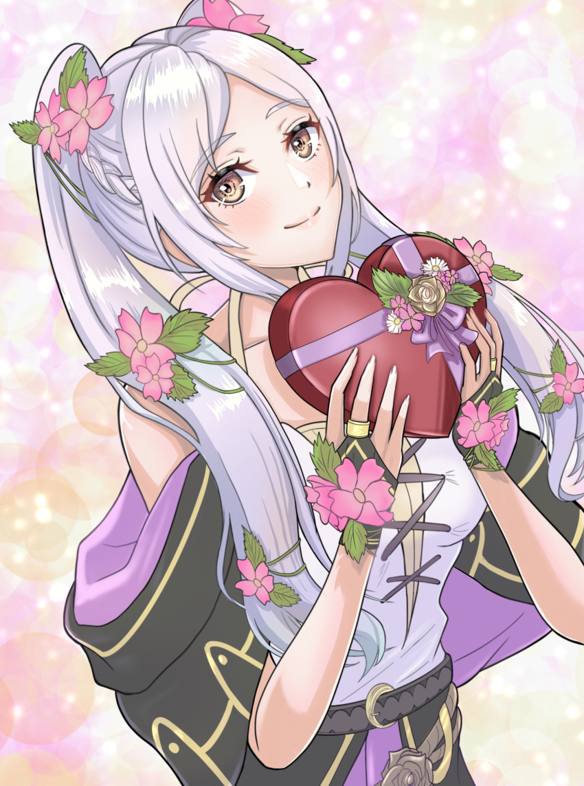 1girl absurdres artist_request bare_arms bare_shoulders belt bracelet breasts bubble_background candy capelet chocolate chocolate_heart collarbone dress eyelashes female_focus female_robin_(fire_emblem) fingernails fire_emblem fire_emblem_awakening fire_emblem_heroes flower flower_bracelet food hair_flower hair_ornament halterneck hands_up happy heart highres holding holding_chocolate holding_food intelligent_systems jewelry light_blush long_dress long_hair looking_at_viewer medium_breasts multiple_belts neck nintendo no_bra off_shoulder official_alternate_costume parted_bangs female_robin_(valentine)_(fire_emblem) rope_belt sidelocks sleeveless sleeveless_dress smile spaghetti_strap standing twintails upper_body valentine white_hair yellow_eyes