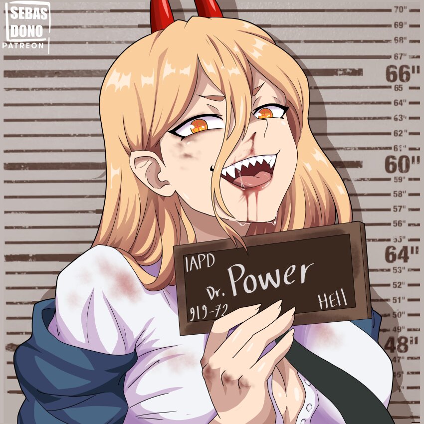1girl :d absurdres artist_name barbie_(franchise) barbie_(live_action) barbie_mugshot_(meme) black_necktie blonde_hair blood blood_on_face chainsaw_man character_name cross-shaped_pupils demon_horns hair_between_eyes hand_up highres holding holding_sign horns long_hair looking_at_viewer meme mugshot name_tag necktie nosebleed off_shoulder open_mouth patreon_username power_(chainsaw_man) red_horns saliva sebasdono sharp_teeth shirt sign smile solo symbol-shaped_pupils teeth unbuttoned unbuttoned_shirt white_shirt