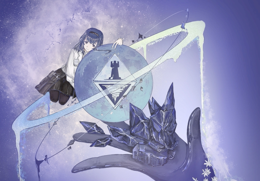 2girls amiya_(arknights) arknights babel_logo_(arknights) black_hair gloves hairband highres leaning_to_the_side light_smile melting multiple_girls nuozituaner orbital_path originium_(arknights) priestess_(arknights) rhodes_island_logo_(arknights) ripples smile