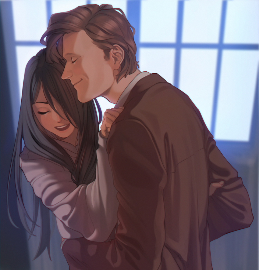 1boy 1girl aconitea bad_id bad_pixiv_id black_hair brown_hair character_request closed_eyes doctor_who eleventh_doctor eleventh_doctor_(doctor_who) formal_clothes hair_over_one_eye hetero highres hug long_hair open_mouth smile suit tardis the_doctor the_doctor_(doctor_who) upper_body