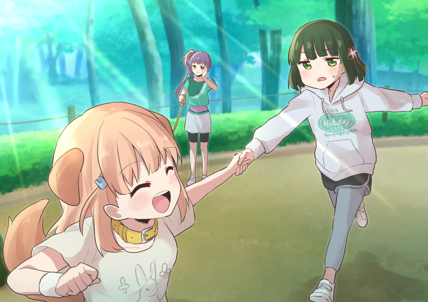 3girls ^_^ absurdres animal_collar animal_ears bike_shorts_under_skirt black_shorts blue_pants blunt_bangs blunt_ends closed_eyes closed_mouth collar commentary_request crossed_bangs d: dog_ears dog_tail flower green_eyes green_hair green_shirt hair_bun hair_flower hair_ornament hand_grab hand_on_own_cheek hand_on_own_face highres hinoshita_kaho hinoshita_kaho_(summer_training_wear) holding holding_leash hood hood_down hoodie kemonomimi_mode leash light_brown_hair link!_like!_love_live! long_hair love_live! massigura medium_hair momose_ginko momose_ginko_(summer_training_wear) multiple_girls official_alternate_costume open_mouth otomune_kozue otomune_kozue_(summer_training_wear) pants pants_under_shorts purple_hair purple_tank_top rabbit_hair_ornament red_flower running shadow shirt short_hair short_sleeves shorts side_ponytail sidelocks single_side_bun skirt smile sunlight sweatdrop t-shirt tail tank_top two_side_up virtual_youtuber white_hoodie white_skirt yellow_collar