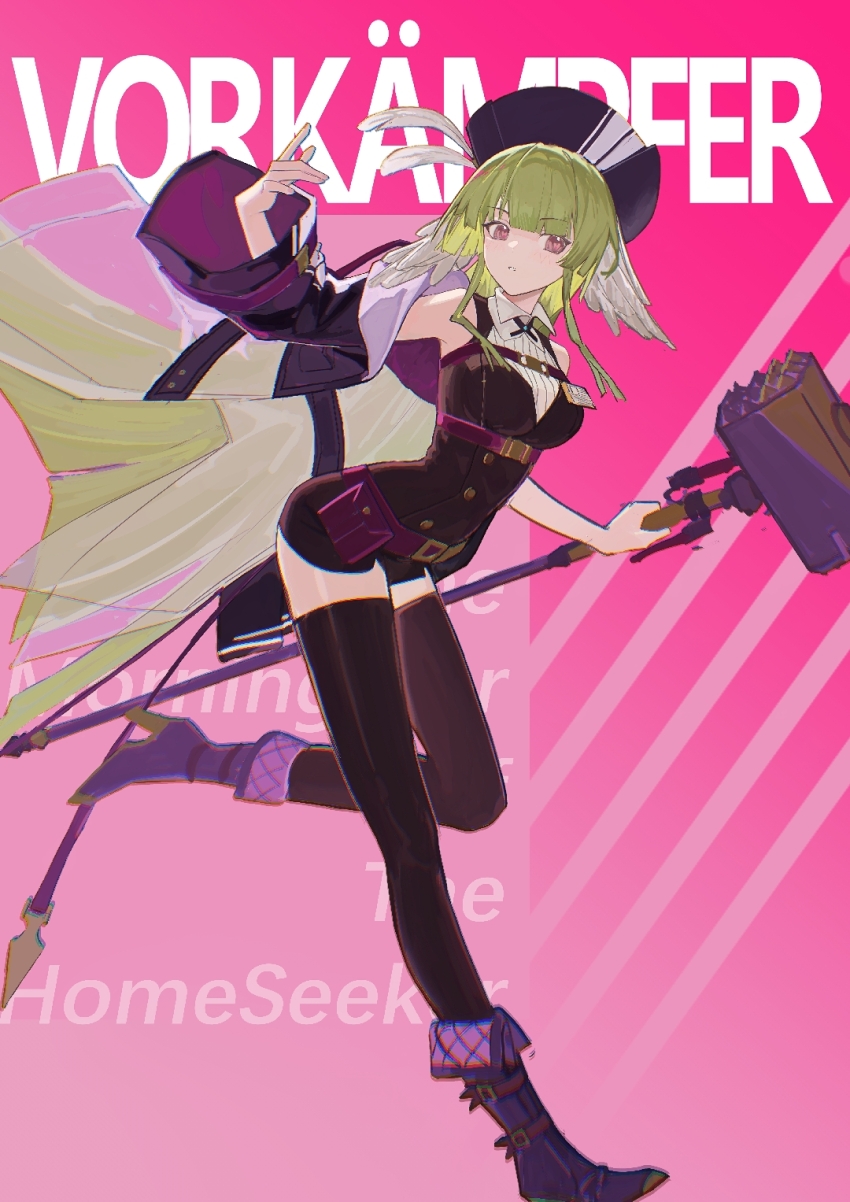 1girl arknights arm_up bare_shoulders black_dress black_hat black_thighhighs boots chinese_commentary chromatic_aberration commentary_request dress english_text fang_bai_doufu_wu full_body german_text green_hair hammer hat high_heel_boots high_heels highres holding holding_hammer holding_weapon knee_boots leg_up long_hair parted_lips pink_background pink_eyes poncirus_(arknights) purple_boots short_dress sledgehammer sleeveless sleeveless_dress solo standing standing_on_one_leg thighhighs translation_request very_long_hair weapon