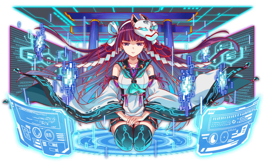 1girl alternate_breast_size alternate_costume anime_coloring aqua_neckerchief arm_tattoo artist_request bare_shoulders black_skirt black_thighhighs blue_gemstone blunt_bangs blunt_sidelocks breasts collarbone crash_fever earrings facing_viewer fox_mask full_body furisode_sleeves game_cg gem glowing_clothes graph hairband han&#039;eri hands_on_lap hexagon honeycomb_(pattern) jade_(gemstone) jewelry komachi_beni large_breasts light_smile lipstick long_hair looking_at_viewer magatama magatama_earrings magatama_necklace makeup mark_under_eye mask mask_on_head miniskirt neckerchief necklace number_tattoo numbered official_alternate_costume official_art outline partially_shaded_face pleated_skirt purple_eyes purple_hair red_lips red_outline ribbon-trimmed_sleeves ribbon_trim screen seiza shide shide_hair_ornament shinto shirt sidelocks sitting skirt sleeveless sleeveless_shirt solo square square_tattoo straight-on straight_hair tachi-e tassel tattoo thighhighs third-party_source torii transparent_background tsurime two-sided_sleeves very_long_hair white_hairband white_mask white_shirt white_sleeves yellow_gemstone